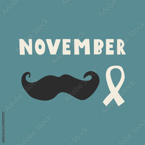 November. Moustache. Banner design for November No shave month. Flat vector illustration on green background.