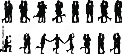 Romantic couple silhouette poses in black vector art, love and relationship scenes including proposal, kissing, hugging, holding hands, affectionate moments