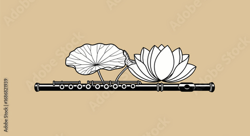 Artistic illustration of a classical flute with a lotus flower and leaf.