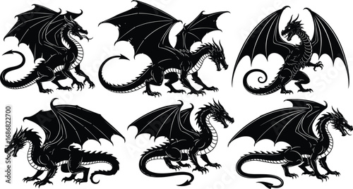 Set of six fantasy dragon silhouettes with wings and tails in various poses for mythology, tattoo, and decorative vector art