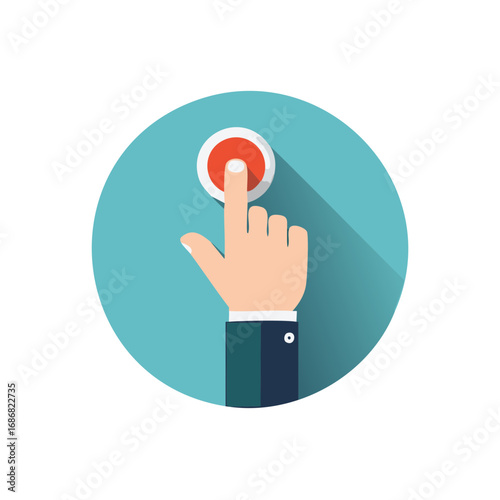 Flat design icon of a hand pressing a red push button with a long shadow