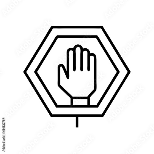 Hand stop sign icon in hexagonal shape for cautionary measures  