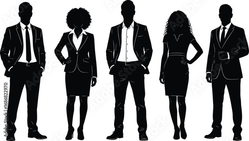 Silhouette business people in formal attire, corporate team, office professionals, diversity, teamwork, leadership, standing poses, vector illustration set for design