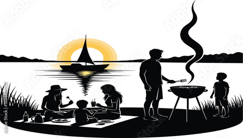 Family Barbecue Picnic By The Water At Sunset With A Sailboat lake