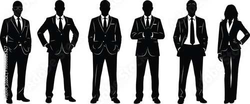 Silhouette illustration of diverse business professionals in formal attire standing confidently, corporate teamwork concept, leadership, career success, office people vector