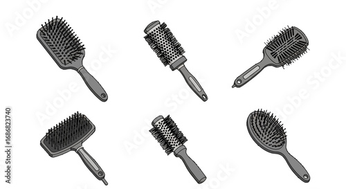 Black Hairbrushes Vector Set with Various Shapes and Bristle Types
