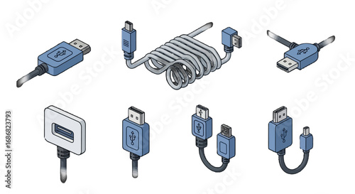 Blue USB Connectors and Cables Vector Set with Various Shapes and Connection Types