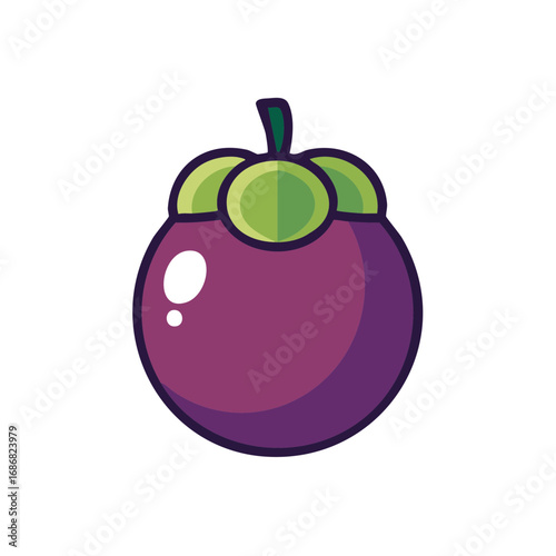 Cartoon illustration of a mangosteen fruit with stem and leaves, isolated