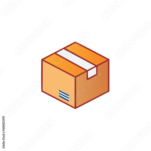 Orange shipping carton with white tape and blue stripes depicted in isometric perspective