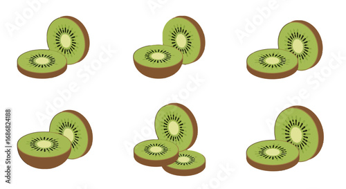 Sliced Kiwi Vector Icon Set with Green Interior and Brown Skin Vector