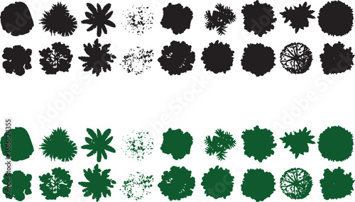 tree, silhouette, top view, overhead, aerial, shape, outline, black, green, nature, plant, foliage, bush, shrub, park, garden, landscape, design, graphic, vector, illustration, collection, set, elemen