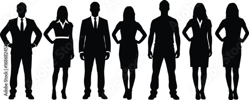Silhouette vector illustration of diverse business team standing together in formal attire, representing leadership, teamwork, corporate unity, and professional collaboration