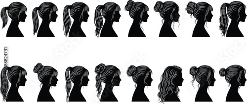 Silhouette vector of female profiles with different hairstyles, women hair fashion styles, beauty and salon design elements for illustration
