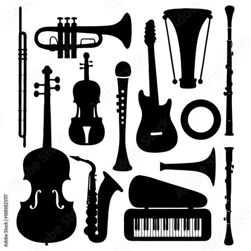 Collection of Black and White Musical Instrument Silhouettes:  Orchestra, Band, and Jazz Icons.