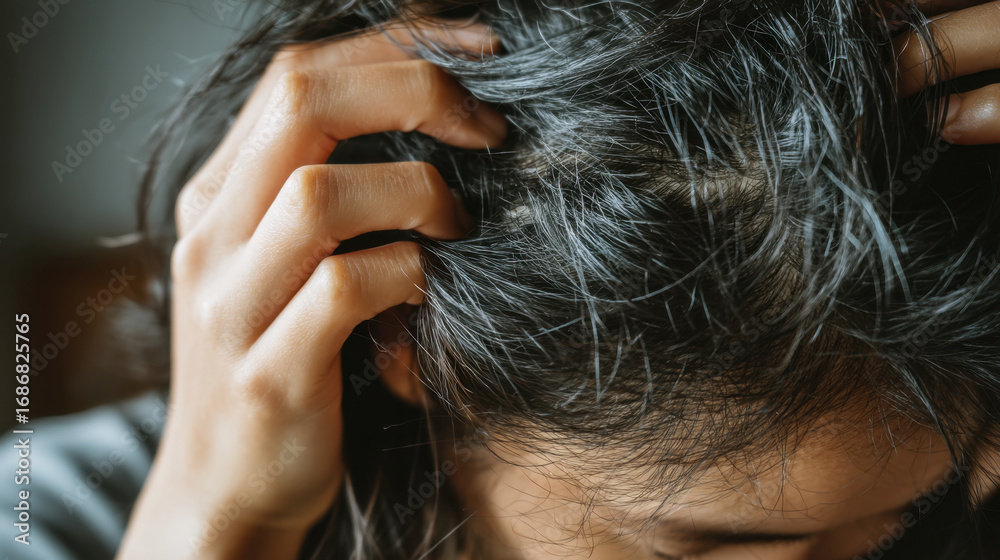 Obraz premium Struggling with hair issues, person gently scratches their scalp, showcasing texture and condition of their hair. scene conveys sense of concern and self care