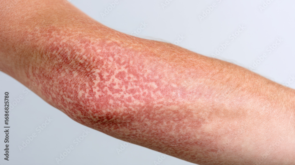 Fototapeta premium Skin condition on arm with red, inflamed patches possible eczema or dermatitis visible texture and irritation close up view healthcare and dermatology context