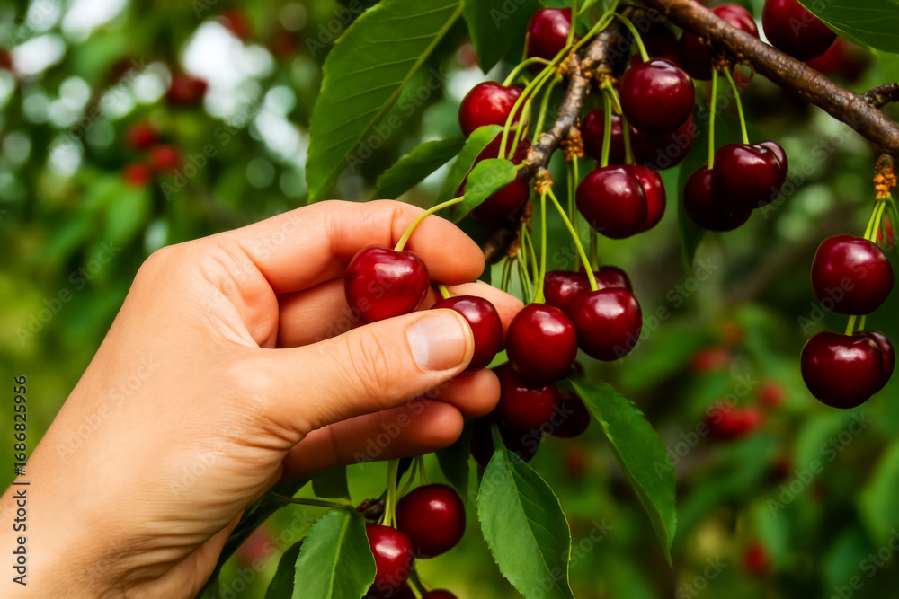 Obraz premium Farmer picking ripe cherries in orchard during harvest season