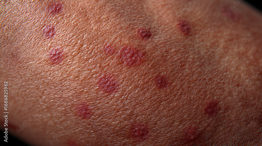 Fototapeta premium Skin condition with red spots close up view of skin texture dermatological issue inflammation health concern medical photography human skin texture detail skin lesions dermatology