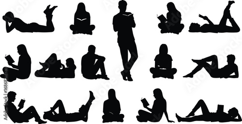Silhouettes of people reading books in various seated, standing, and reclined poses, perfect for education, library, and creative vector illustration projects