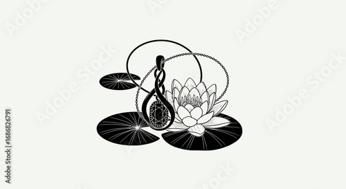 Elegant black and white line art of a water lily and ornate vase.