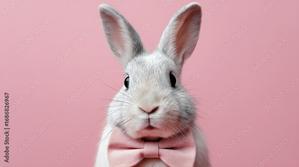 Fototapeta premium A cute white bunny wearing a pink bow tie poses against a vibrant pink background.