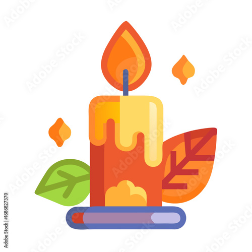 Colorful autumn candle with leaves and glowing elements  