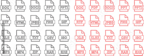 file icon, document icon, data icon, digital file, computer file, format icon, file extension, doc, pdf, docx, ppt, pptx, rtf, html, jpeg, png, gif, xls, xlsx, txt, csv, iso, mp3, mp4, zip, rar, exe, 
