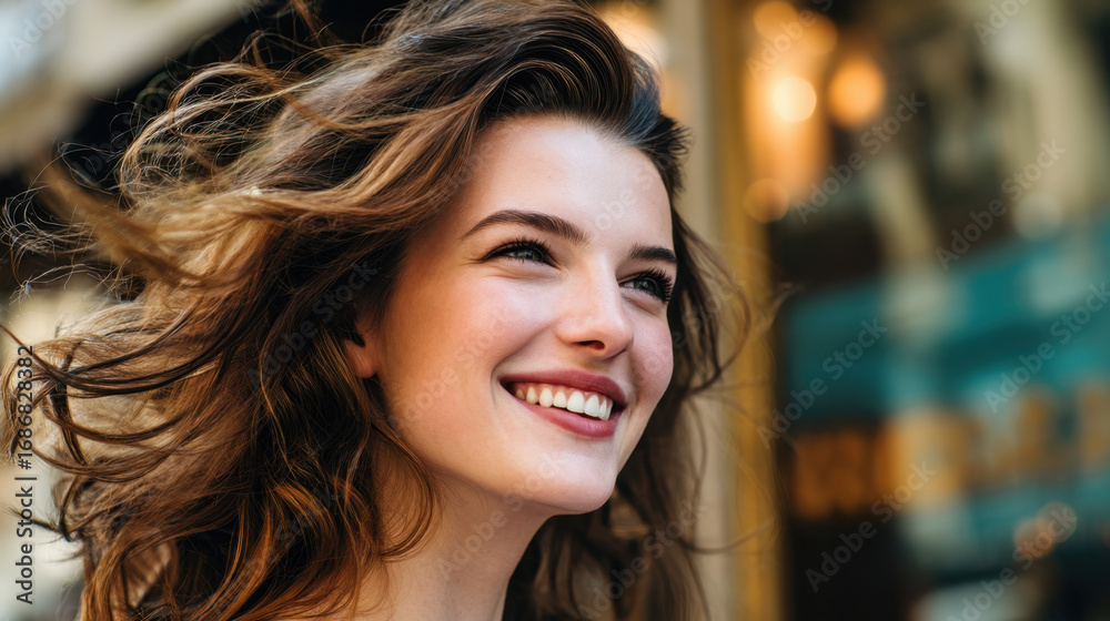 Obraz premium Young woman with flowing hair smiles brightly, exuding joy and confidence in urban setting. warm sunlight enhances her cheerful expression, creating vibrant atmosphere