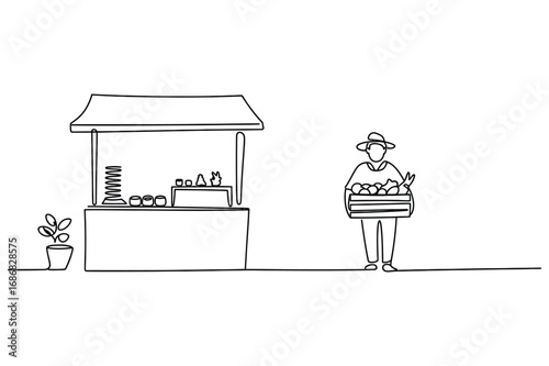 Continuous Line Art of Seller with Basket – Shopping and Commerce Illustration