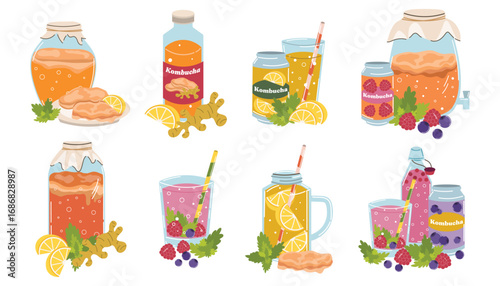Kombucha still life set in flat cartoon style with bottles, jar, glasses and cans.