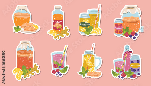 Kombucha compositions stickers set in flat cartoon style with bottles, jar, glasses and cans.