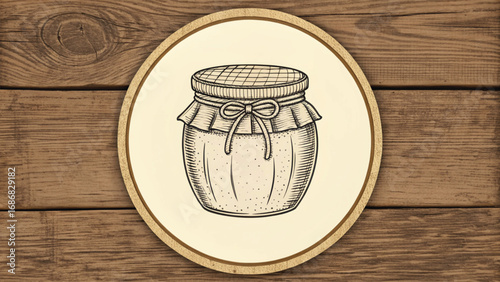 Hand Drawn Jar of Jam on Wooden Background jam jar