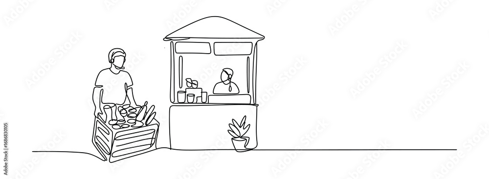 Fototapeta premium Continuous Line Drawing of Outdoor Market – Shopping and Sales Illustration