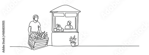 Continuous Line Drawing of Outdoor Market – Shopping and Sales Illustration