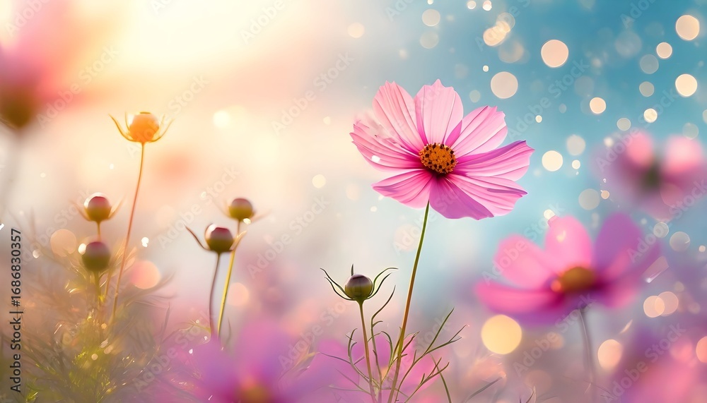 Obraz premium Beautiful Pink Cosmos Flowers with Sunlight and Bokeh Background