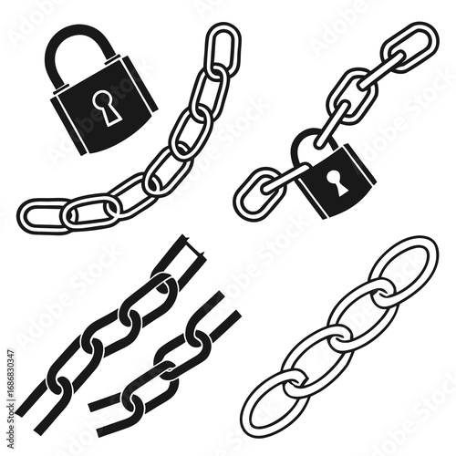 Black chain and padlock icons broken link security