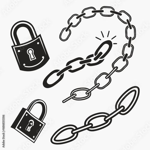 Black chain link and padlock silhouettes broken vector