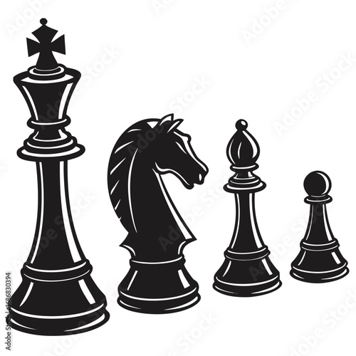 Black chess pieces king knight bishop pawn silhouettes queen