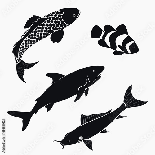 Black fish silhouettes koi goldfish shark catfish vector