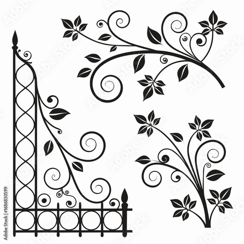 Black floral ornamental flourishes with leaves and fence white