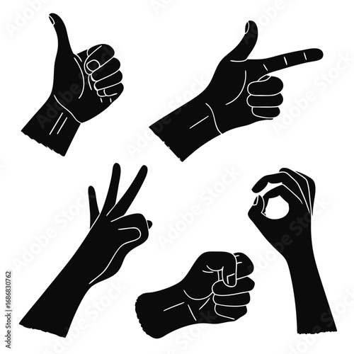 Black hand gestures thumbs up pointing peace okay fist peace sign