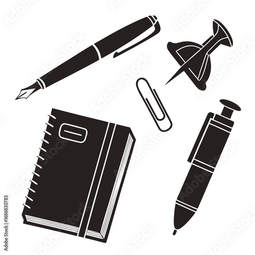 Black ink pen notebook paperclip thumbtack ballpoint pen vector