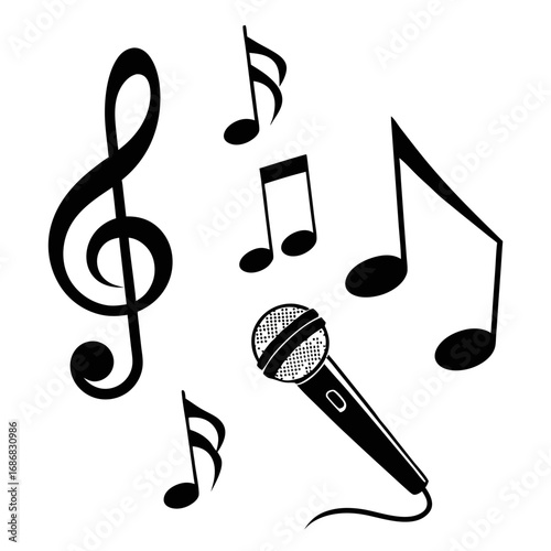 Black microphone and musical notes on white treble clef musical symbols