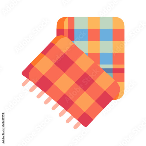 Colorful textile blankets with checkered patterns stacked together  