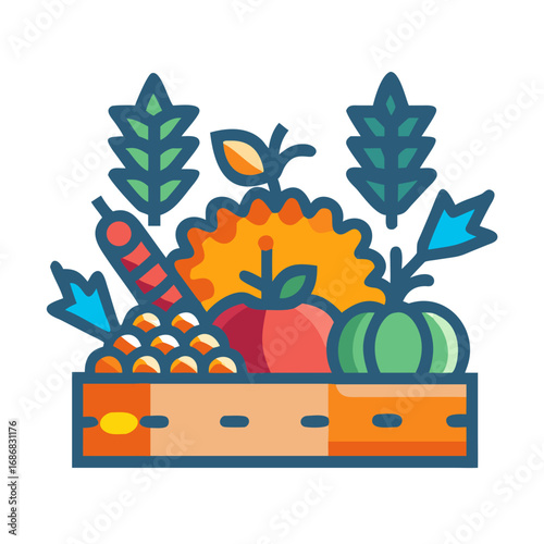 Colorful arrangement of fruits and vegetables in a wooden crate  