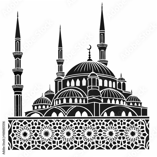 Black silhouette of a mosque with domes and minarets Islamic architecture