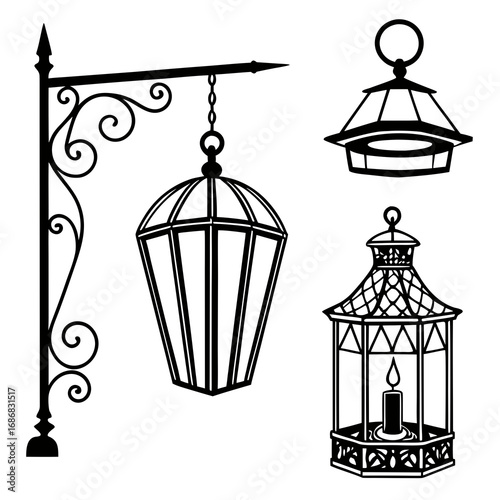 Black silhouettes of hanging lanterns and candle holder white