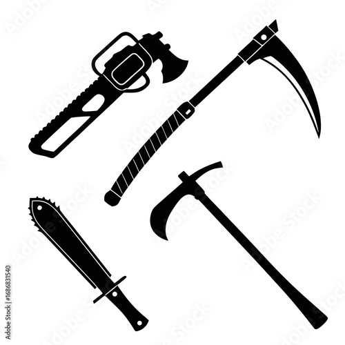 Black silhouettes of menacing weapons chainsaw scythe