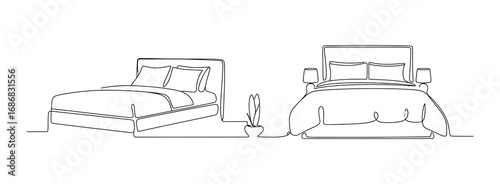 Continuous Line Drawing of Bed with Pillows – Home Furniture Illustration