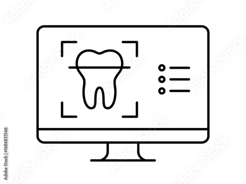 Dental imaging line icon. Digital dental X-ray and tooth scanning. Tooth on a computer screen. Oral radiography and 3D scanning technology used in dentistry. Modern technology. Vector illustration. 